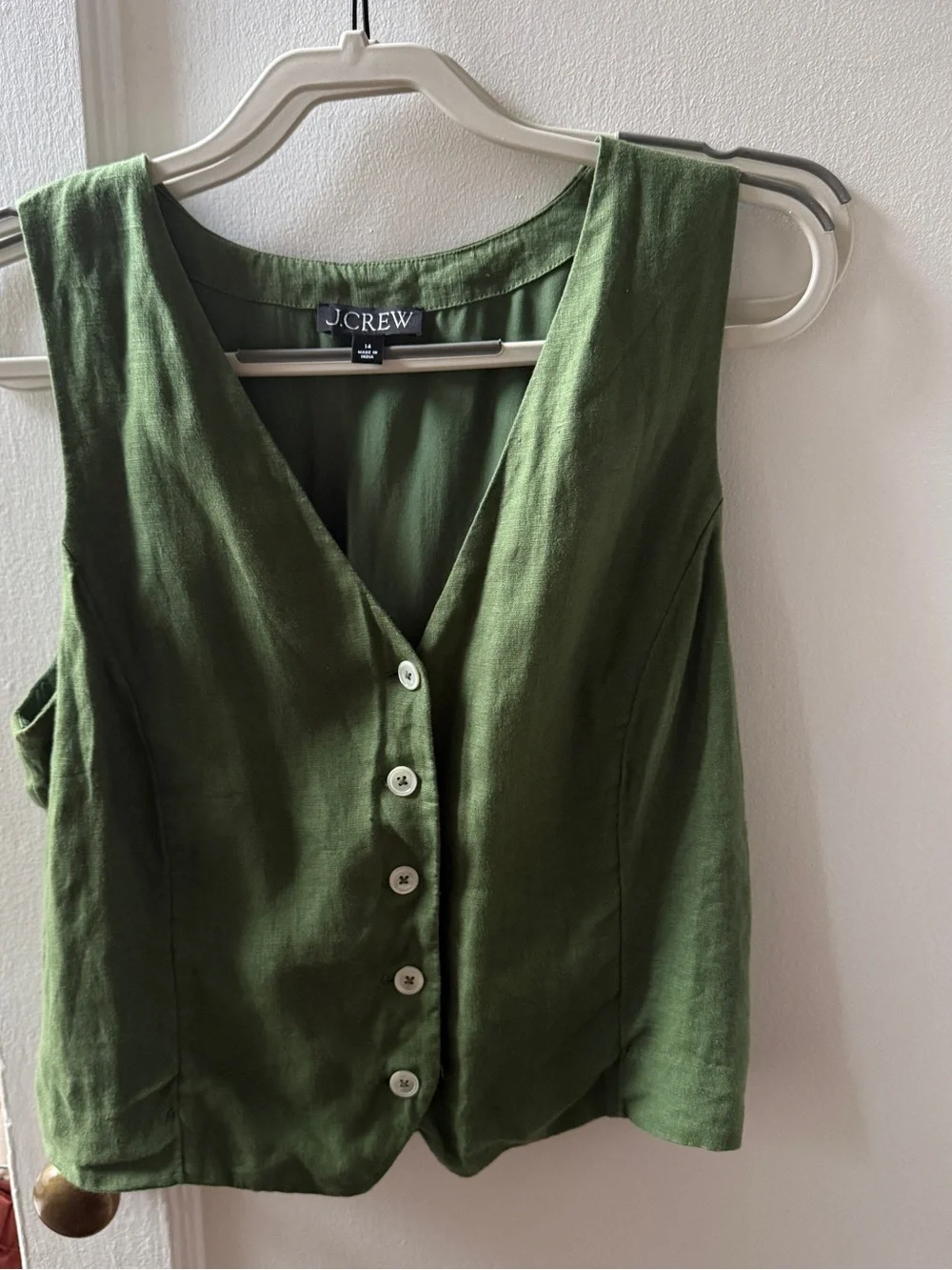 J. Crew Linen Slim Fit V-Neck Button Front Vest in Utility Green